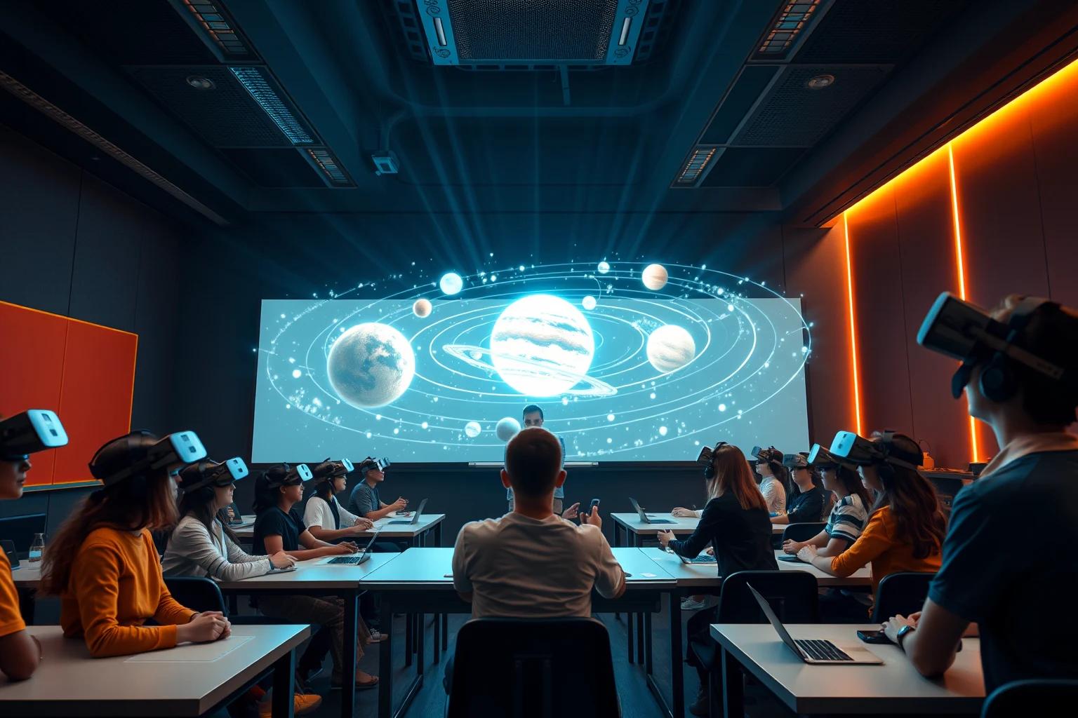 Students exploring immersive VR learning with holographic solar system